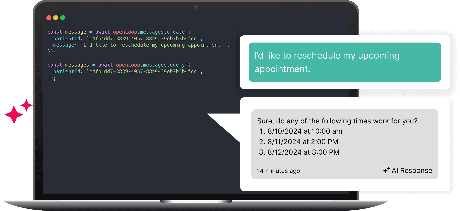 Mobile view showing a laptop with code and chat boxes for support