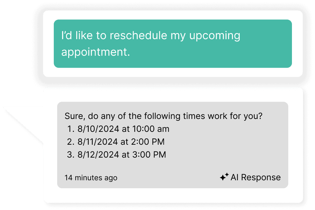 Chat boxes representing support and communication, one message says: I'd like to reschedule my upcoming appointment.